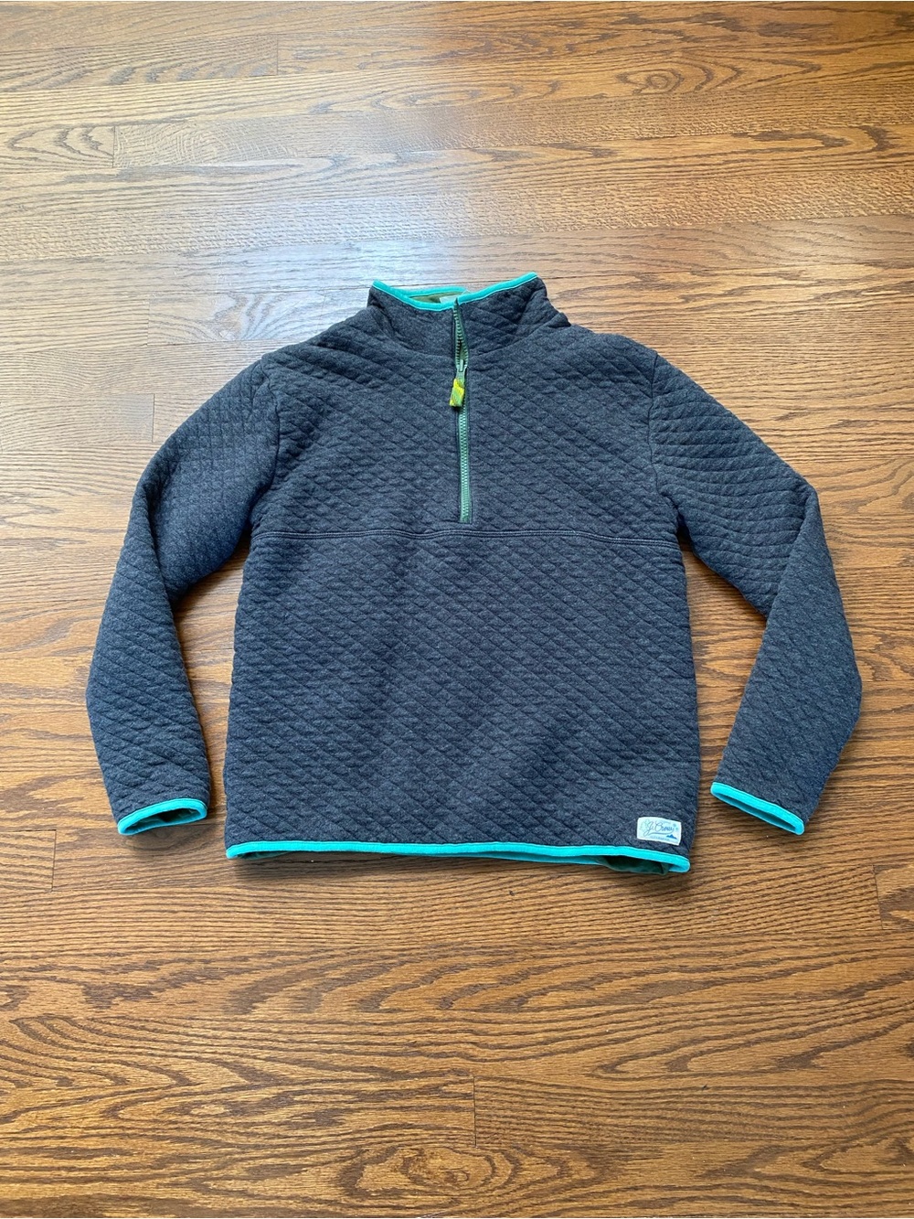 Kids Quilted Half-Zip Sweater Pullover - Charcoal with Teal Trim. Reversible!